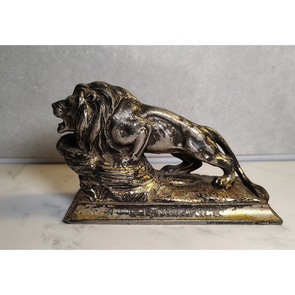 Vintage G.R. Merrick Cast Metal Lion Statue - Signed Mid Century Desk Decor